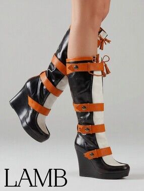 L.A.M.B. Baby  7.5 39 Leather Wedge Strap Knee High Boots